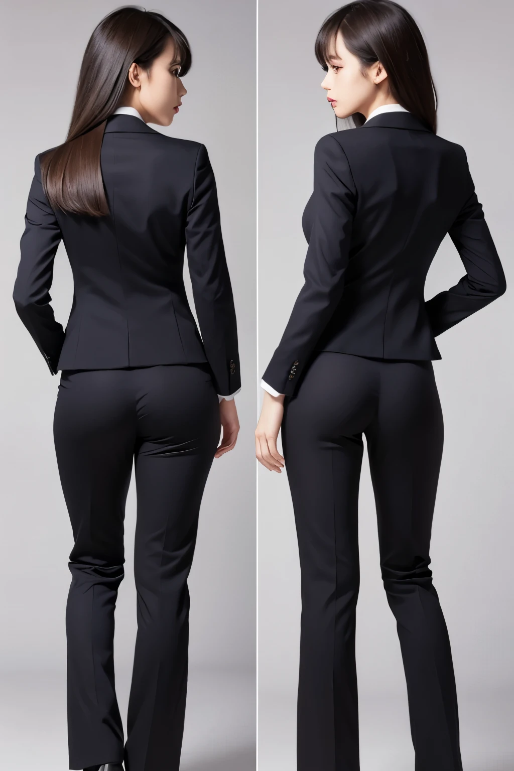 Back view of a girl in a tight pantsuit。The face turns around and looks this way
