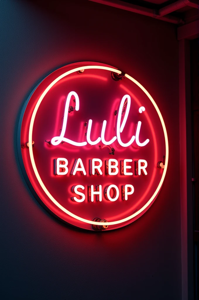 Neon round logo that says luli barber shop