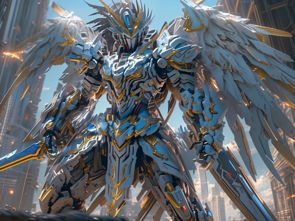 masterpiece, Highest quality, 8k, Anime１scene, Combined Robo, Wing on the back, ((Giant Sword, Hold your sword in both hands、The tip of the sword is diagonally forward, Standing with a tilted head.)), Urban Warfare