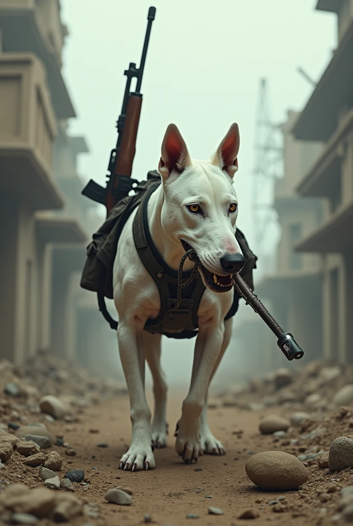 A white plush bull terrier armed with a rifle in a post-apocalyptic setting 