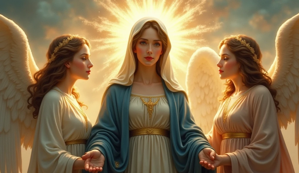 Three women standing side by side facing forward。A beautiful Virgin Mary with two beautiful angels standing on either side