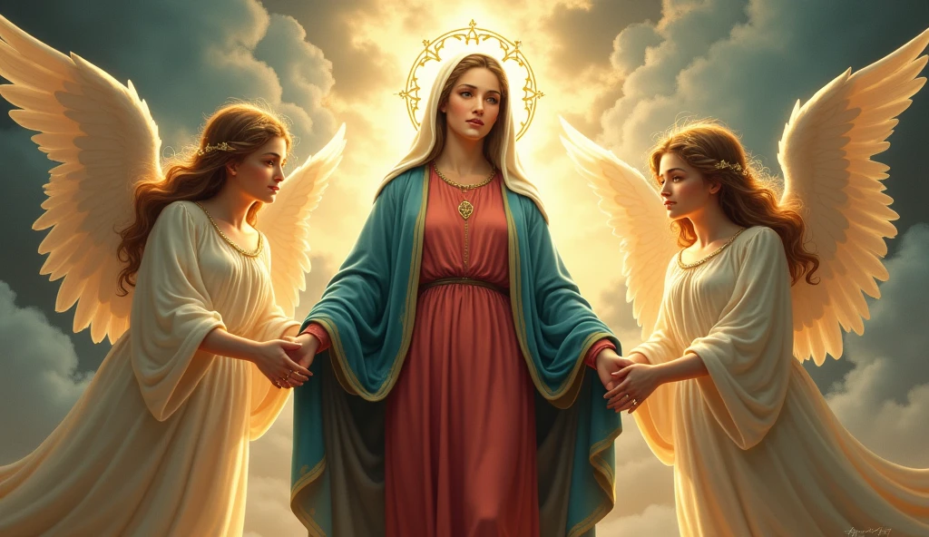 Three women standing side by side facing forward。A beautiful Virgin Mary with two beautiful angels standing on either side