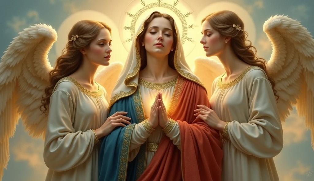 Three women standing side by side facing forward。A beautiful Virgin Mary with two beautiful angels standing on either side