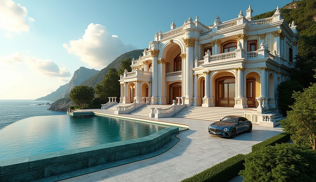 luxury mansion with a luxury car parked in front of it, seaside, luxury pool, luxury lifestyle, luxurious environment, luxury architecture, rich, huge mansion, rich style, luxury and elite, extremely opulent, luxurious, hyper luxurious, majestic masterpiece, wealthy, luxury, stunning grand architecture, exquisite masterpiece, flaunting his wealth, inside a grand, architectural masterpiece