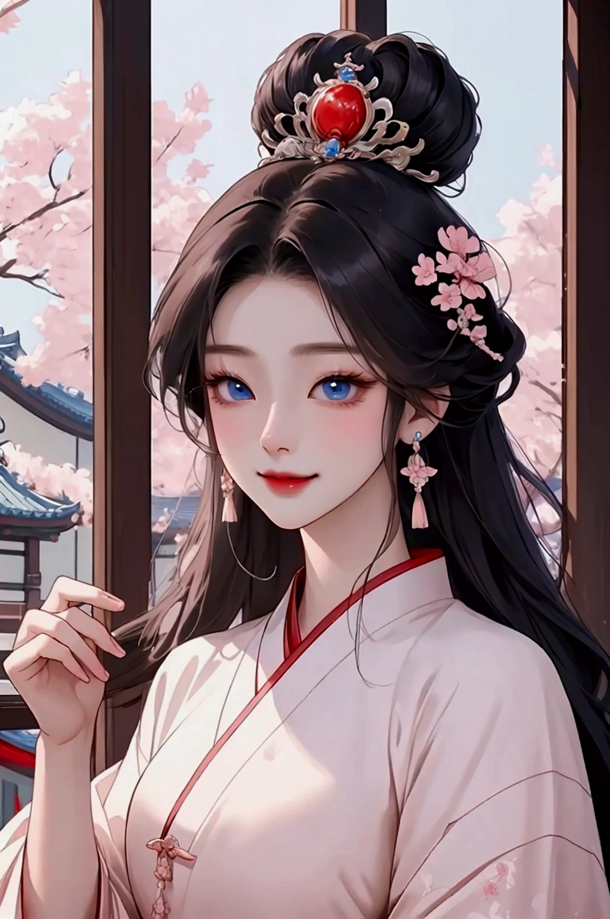 (Highest quality、 8k 、masterpiece、High resolution)、(Chinese Drama、Changgexing、Li Changge、Dililaba)、Tang Dynasty、Changan、1 Female、Beautiful young person、blue eyes、Pretty lips、Hairpin、(Noble Princess)、(Anime Beauty)、(whole body)、(Anime Art)、Smiling and posing happily、Bright atmosphere、Light colored long hair、Light pink Hanfu、Changanの街並み、Tang Dynasty Buildings、Tang Dynasty Buildings、Official Art、Detailed CG、