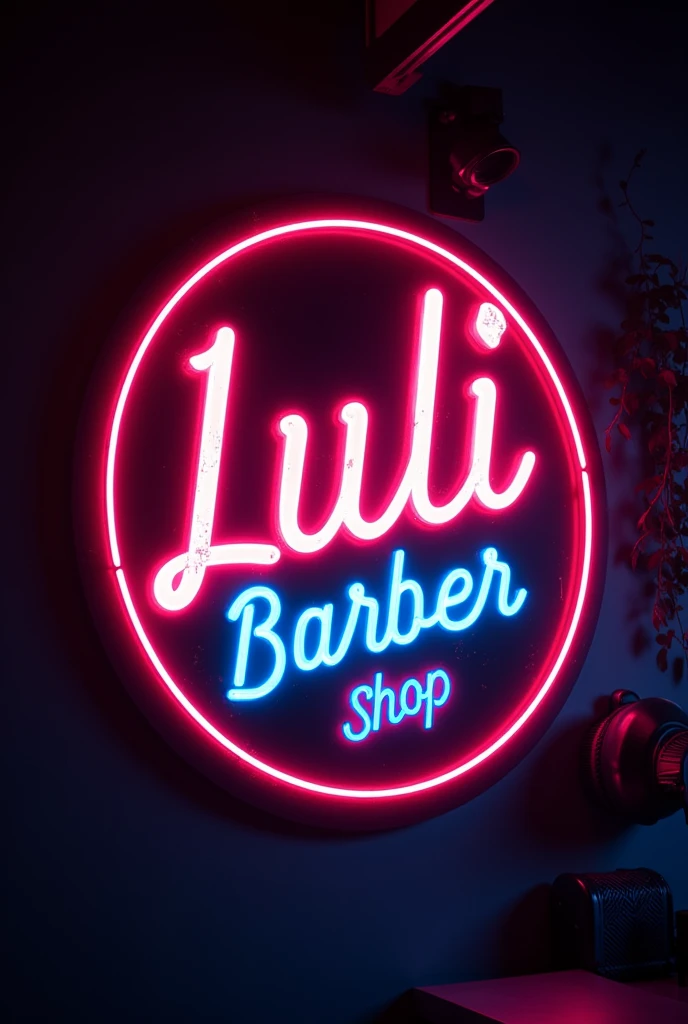 Neon round logo that says luli barber shop, printed style