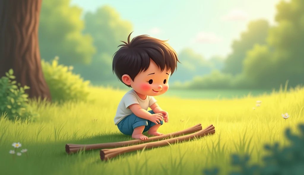 The cartoon child carefully laying the sticks in a neat row on the grass, concentrating with a gentle smile. The scene is calm and serene, with soft light."