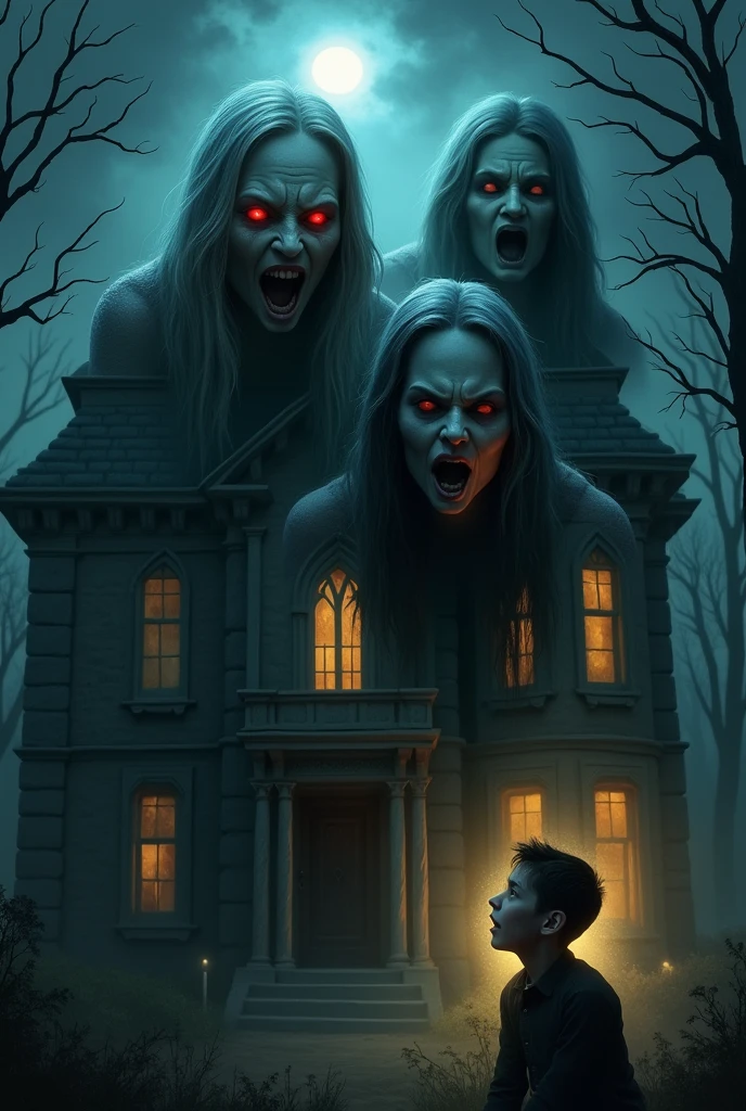 ### Image Description
1. **Background:**
- **Haunted Mansion:** The main background is a dark, eerie mansion with Gothic architecture. The windows are glowing with a warm yellow light, which creates a stark contrast against the dark blue, night sky. The mansion looks aged and spooky, with an unsettling atmosphere.
2. **Sky and Surroundings:**
- **Night Sky:** The sky is dark blue, almost black, with faint stars and silhouettes of barren, leafless trees, adding to the horror theme.
- **Moonlight Effect:** The lighting suggests it's nighttime, with the faint glow from the moon or another source creating subtle highlights on the trees and mansion.
3. **Characters:**
- **Three Horror Figures:**
- **Granny:** On the left, a pale, creepy old woman with glowing red eyes and a sinister expression. She has a bald head and is wearing a simple dress.
- **Slendrina:** In the middle, a ghostly figure with a long white gown and pale skin. She has long, black hair that covers part of her face, with dark, haunting eyes and a mouth that seems to be screaming.
- **Grandpa:** On the right, another frightening figure resembling Granny, with similar glowing red eyes but a slightly different facial expression. He is bald, with a wrinkled face and is wearing a white shirt with a blue texture.
- **Floating and Overlapping:** The characters are slightly overlapping each other and appear to be floating above the mansion, creating a menacing presence over the building.
4. **Person (Bottom Right):**
- **Reaction Shot:** In the bottom right corner, a young man in a red hoodie is captured with a shocked and terrified expression. His mouth is open wide in surprise or fear, and his hands are raised as if he is reacting to something scary. His eyes are wide open, and he is looking upwards towards the horror figures.
- **Bright Lighting on Face:** His face is well-lit, making him the focal point of attention alongside the horror characters.
5. **Text:**
-