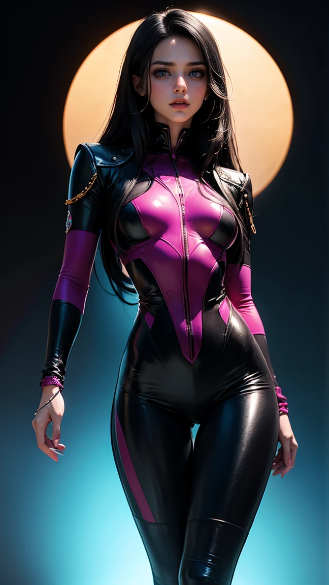 A beautiful girl with a slim body, standing in front of a circular design, small breasts, detailed face, golden jewelry, (((long straight black hair))), detailed blue eyes, delicate lips, black leather suit, Detailed anatomy, volumetric lighting, cinematographic composition, dramatic contrast, Vibrant magenta and blue background colors, Very detailed, photorealistic, 8k, masterpiece