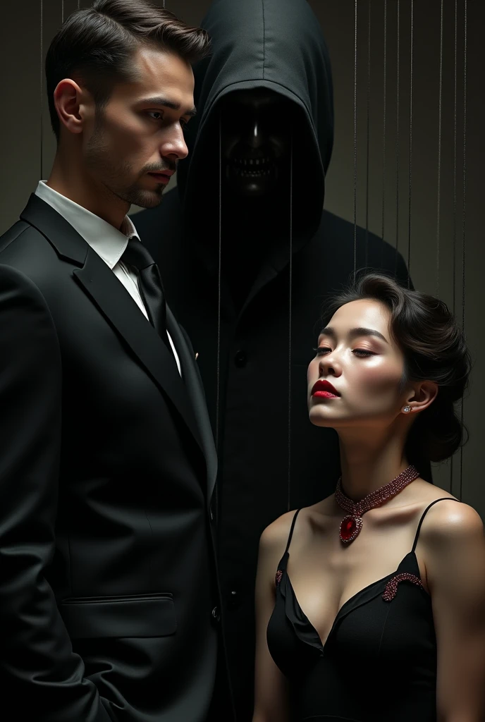 A handsome man wearing a black suit and a young woman is wearing a Ruby chain running with a shadowy man with no face controlling them with puppet string from above


