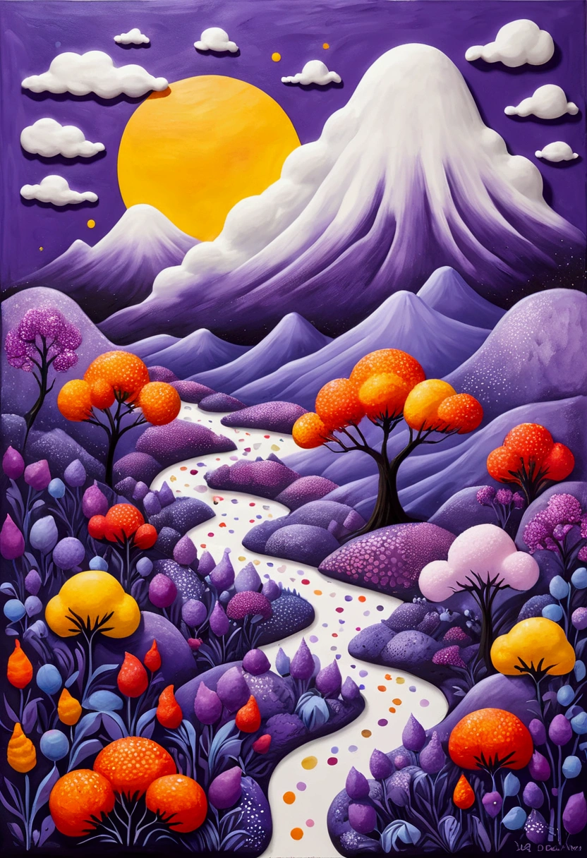 A painting,Inspired by Yayoi Kusama:(((Chalk painting,Oil stick painting,Volume,Thick coating,Uneven texture,Plaster texture,Graffiti,Dot)))。(a volcano erupts。White smoke。), Bright colors, Purple和, cute的, Bright colors,cute, Lavender Color and Color Schemes, 和Purple的配色方案, Beautiful Art, Purple, Whimsical Art, 和Purple色调, Close together,, spring, Inspired by Tomokazu Matsuyama, Delightful