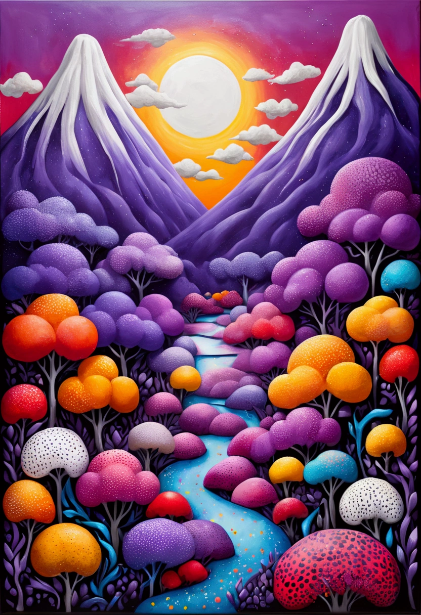 A painting,Inspired by Yayoi Kusama:(((Chalk painting,Oil stick painting,Volume,Thick coating,Uneven texture,Plaster texture,Graffiti,Dot)))。(a volcano erupts。White smoke。), Bright colors, Purple和, cute的, Bright colors,cute, Lavender Color and Color Schemes, 和Purple的配色方案, Beautiful Art, Purple, Whimsical Art, 和Purple色调, Close together,, spring, Inspired by Tomokazu Matsuyama, Delightful