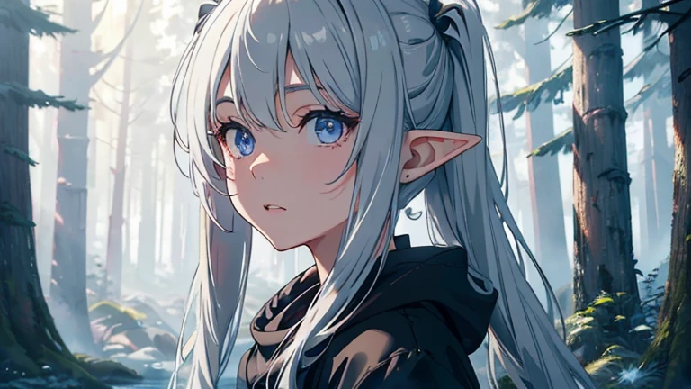 Twin tails，Freezing, Freezing and the Journey to the Afterlife elf girl, Flowing Hair, Gray Hair, forest, View your viewers, Detailed Iris, Detailed eyes, Highly detailed colors, 8k, sharp, Professional, clear, High Contrast, High saturation, , Vivid deep black, crystal clear, (Focus your eyes:, (forest background), Simple Background, Blurred Background, masterpiece, Highest quality