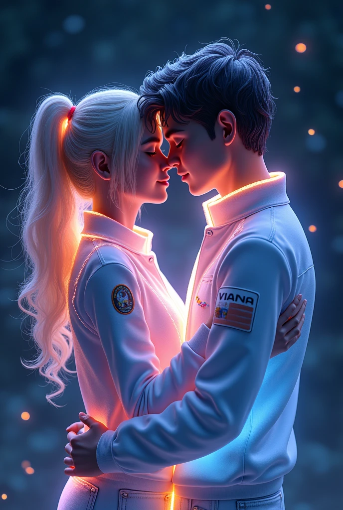  3D glowing male and female hugging, , with glowing hair wearing jackets that say GASTON and VIANA