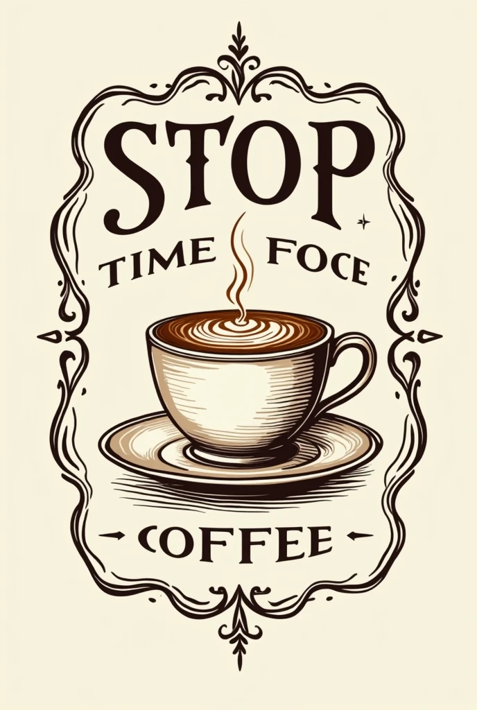   "STOP TIME FOR COFFE" Write the coffee shop logo in an old classic style, next to the inscription a cup of coffee with latte art in the logo on the sign 