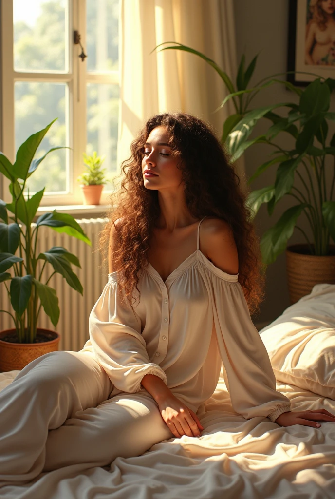 (photorealism:1.2), beautiful woman, sitting on bed, wearing loose off-shoulder top, pajama pants, long curly hair, indoors, soft lighting, plants in background, window with sunlight, cozy room, relaxed pose, realistic, intricate details, warm colors, by Greg Rutkowski, by Alphonse Mucha