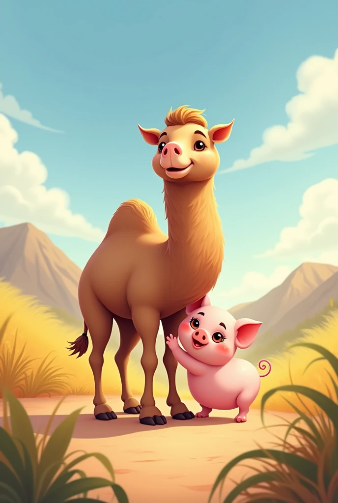 A happy camel and a pig,and they are best friends,with the goal of being the cutest in the world