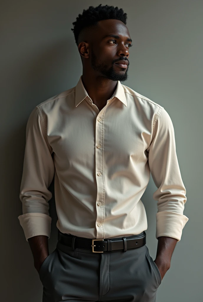 A tall man. African dark skin. About 23 years. Defined jaw line, few beards, wearing official casual outfit. Curious eyes, very little beard, calm face