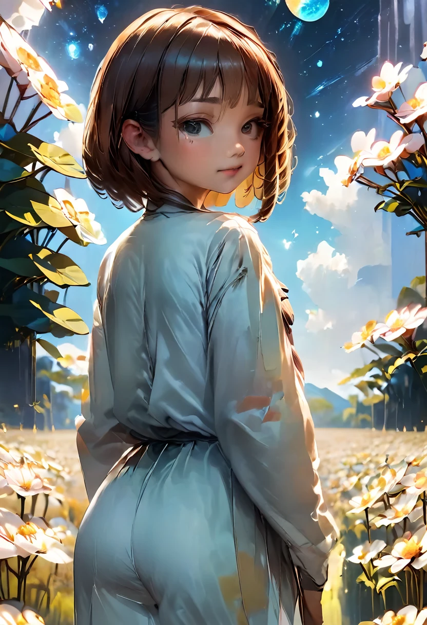 (RAW Photo, Best Quality), (Realistic, Photo Realistic: 1.3), Best Quality, Highly Detailed, Masterpiece, Ultra Detailed, Illustration, 1 Girl, full_body, Dynamic Angle, Extremely Detailed CG Unified 8k Wallpaper, Ink, Amazing, Movie upper_body, Dynamic Angle, World Mastery Theater, messy_long_hair, Best Quality, Extremely Detailed CG Unified 8k Wallpaper, Ink, Amazing, Movie Lights, lens_flare, dunhuang_style, Detailed Face, Beautiful Rendering of Tang Dynasty, (Deliberate expression: 1. 5), Standing in a flower field, (Looking up at the stars: 1.2), Fireflies , sony master shot, woman posing for photo in front of tv, inspired by Fei Danxu, brown hair and bangs, hi-res screenshot, normal hands, vivid colors, nice studio lighting, vhs screenshot, beautiful fine face