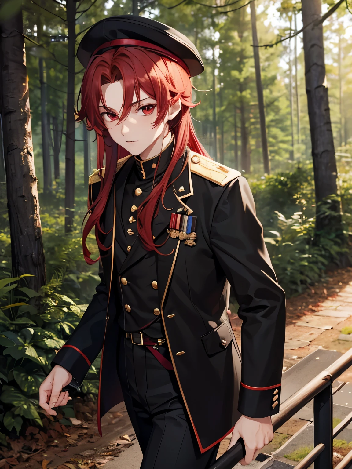 1boy,18 years old,cool,walking in forest,middle parted hairstyle,Curly hair, red hair, red eyes, long hair, vampire, handsome,,close up photo, walking,Black army uniform, black army hat