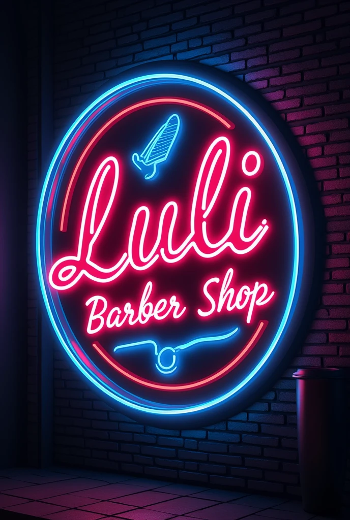 Neon round logo that says luli barber shop, drawing style