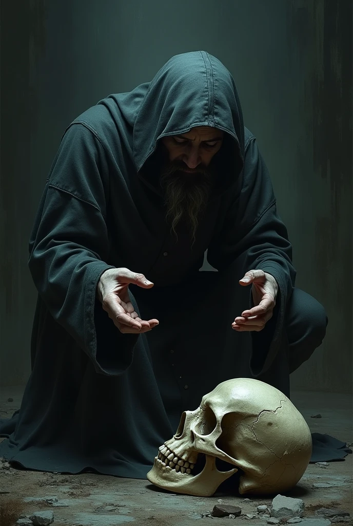 A man kneeling in front of the holy death 
