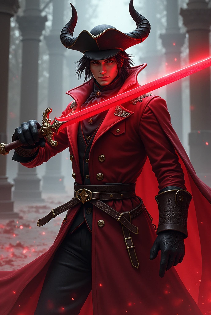 Male red mage, wearing long victorian coat with leather belts tricorn hat, mid long dark hair, red glowing rapier, flat horn sprouting from the back of the jaw to the sides, dueling pose, final fantasy style