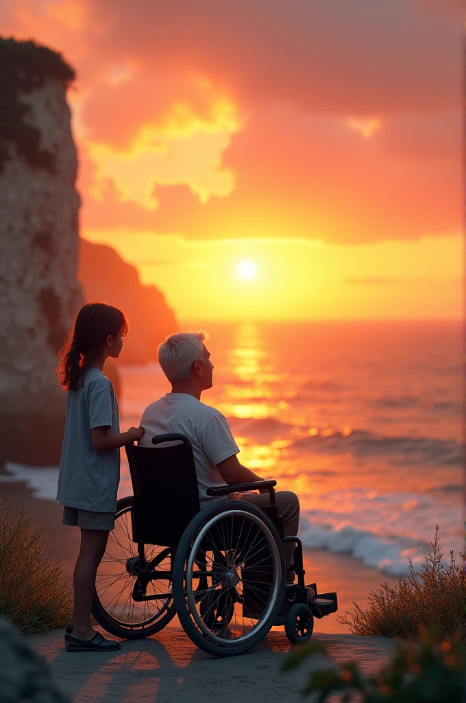 cliff / sunset / patient with wheelchair / girl stand behind pattien