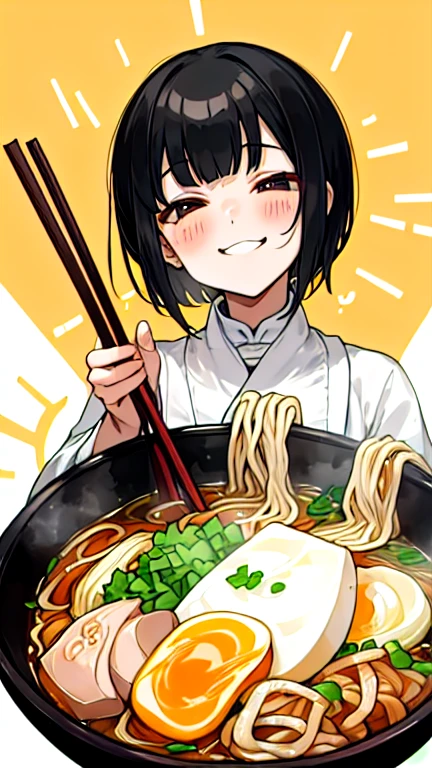 Highest Resolution,Highest quality,Smiling while looking at ramen,Mouth open and salivating,Black short hair,superior,