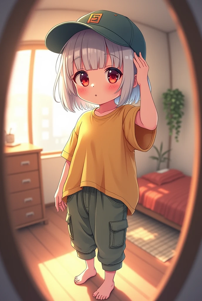 Micro-photography。A cute girl with white short bob hair and red eyes。Cute in Japanese anime illustration style。She is wearing an oversized yellow short-sleeved t-shirt。She is wearing sarouel cargo pants。She is barefoot。She is wearing a baseball cap。Photorealistic background of a single person living in a room。Fisheye Lens。Ultra-high definition depiction。Dynamic Perspective。She is posing touching her hat。