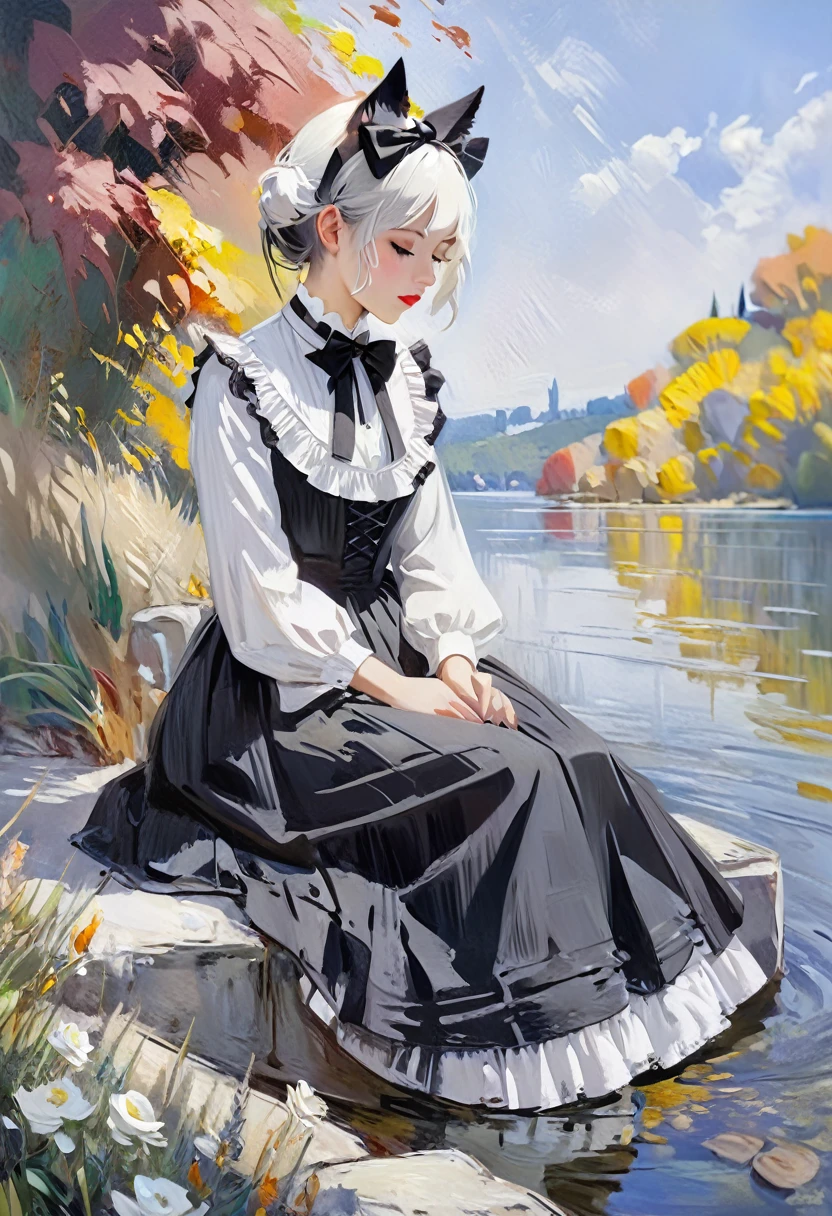 (Impressionist oil painting of a girl:1.5), by Monet,A girl is sitting by the lake. She has beautiful short white hair.Realistic black cat ears grow on the head.Beautiful dark eyes, beautiful lips, highly detailed beautiful skin,Wearing a gorgeous black and white frilly Gothic ta dress,A cute black bow tie around his neck,A girl is dozing alone on a flat stone by the lake, feeling the coming of autumn.The girl's beautiful skin and the texture of her dress,The beautiful rippling surface of the lake, the expression of autumn's arrival,High quality, high image quality,Masterpiece, Best Quality, 4k, 8k, Ultra Detail,Ultra-fine painting, highly detailed oil painting texture, a scene from the movie, Soft colors, professional photo resolution,oil painting