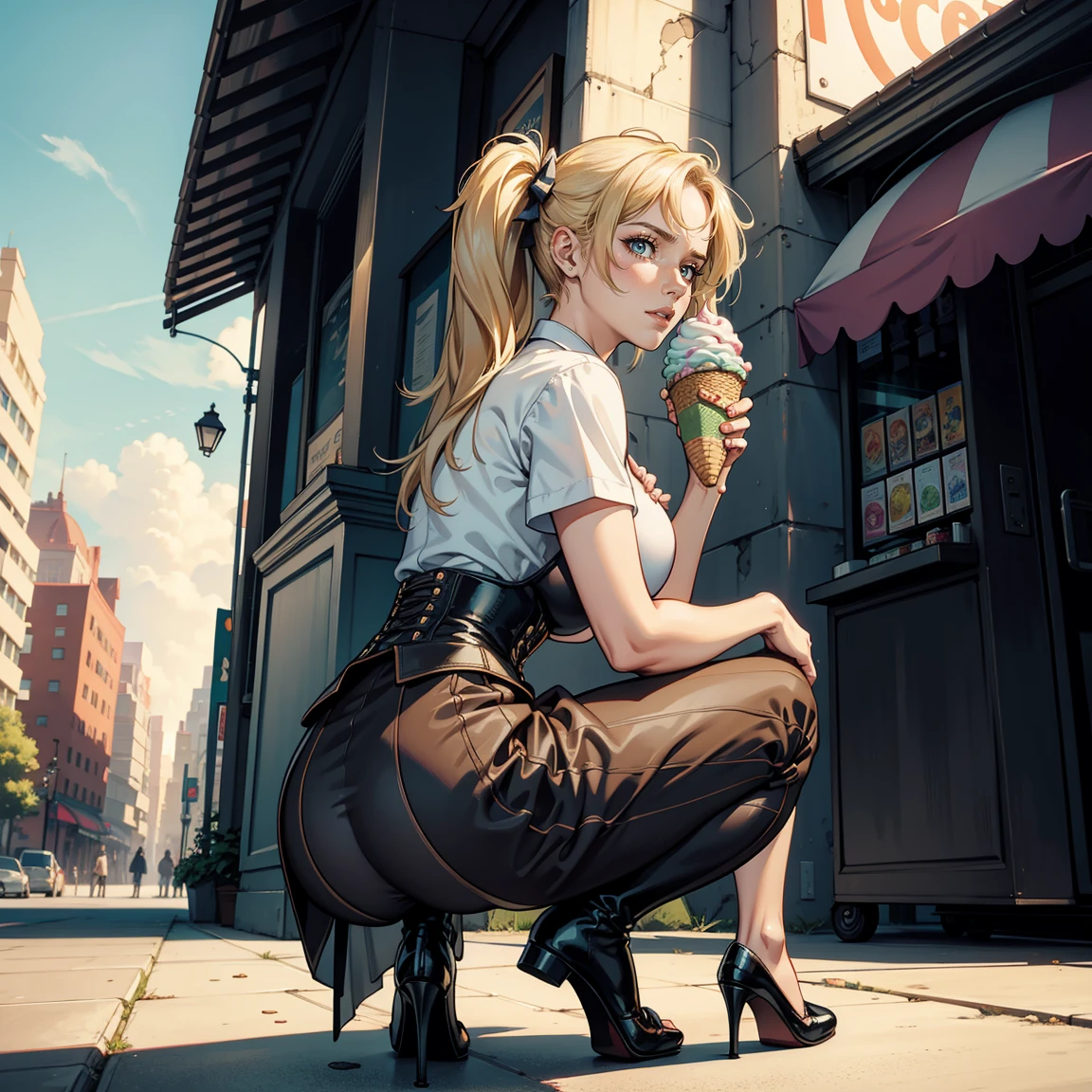 Masterpiece, Professional,  High Definition - quality, sharp focus, perfect artwork, Best Illustration,  trending on artstation, UHD, 4k, full body, NSFW
full body of ice cream man, 1girl, 1man, athletic man, standing,tan skin, large pectorials ,  short hair , center, masculine male face, ice cream man stands in Front of the woman,  park background details , womans face near man’s crotch, blonde female, skirt,corset,  twin Tail hai , large breasts , squats , woman squats seductive, squats in front of ice cream man, watches man, back view , beautiful woman background, ice Cream truck, ice cream man wears shirt, people watching the couple in the background,  art by artgerm and ruan jia and greg rutkowski, sidelighting, finely detailed beautiful eyes 
