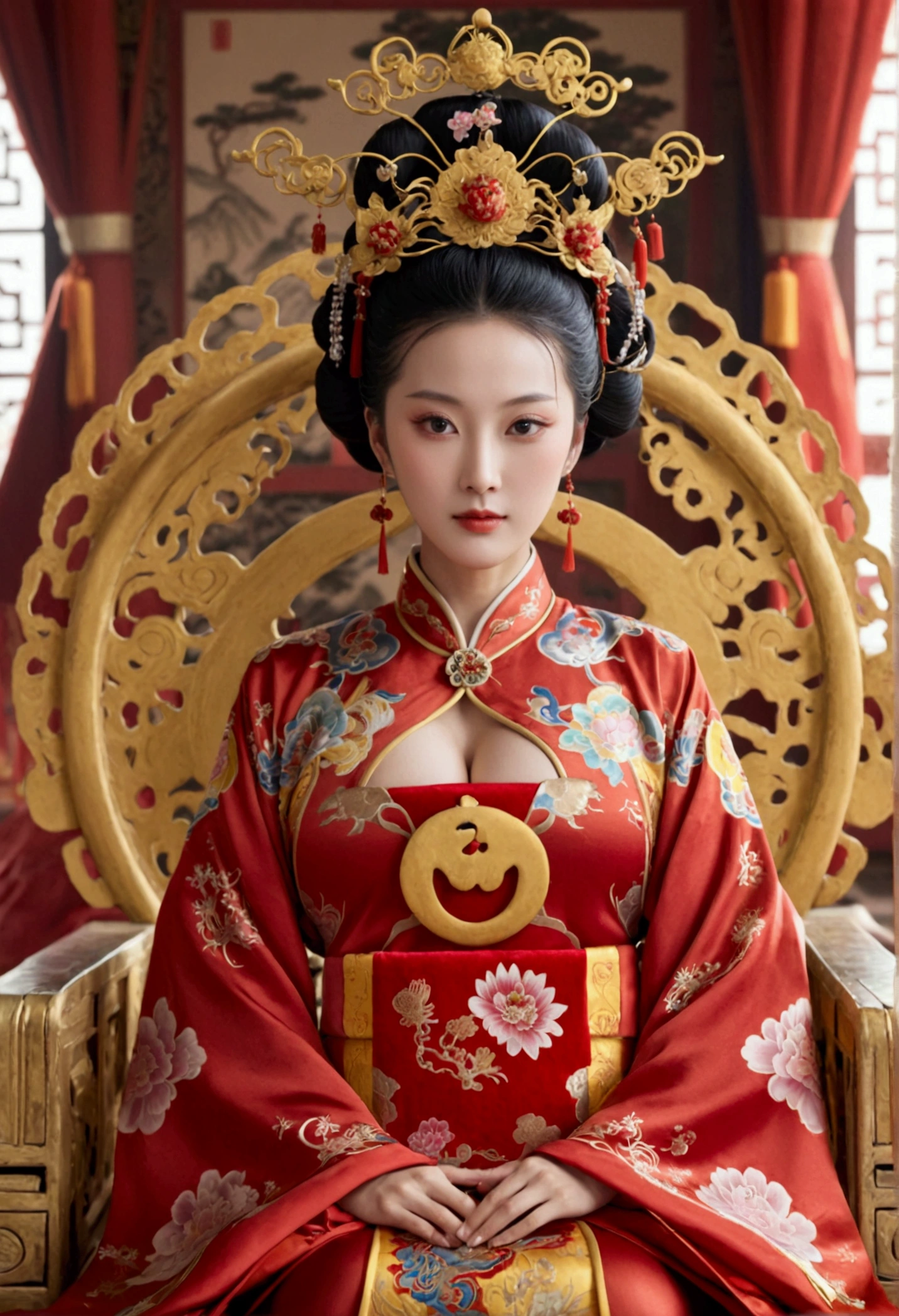 A lavish female emperor of the Qing Dynasty in China, seated on a grand throne, naked, with large breasts, spreading her legs open wide with knees bent.,creating the shape of the letter M(Porn Pose) A gorgeous Chinese imperial empress with her hair tied on both sides and wearing a crown、Background of kinky and erotic woman tying her hair、The story is set in the luxurious rooms of an empress in the Chinese imperial court during the Qing dynasty.。