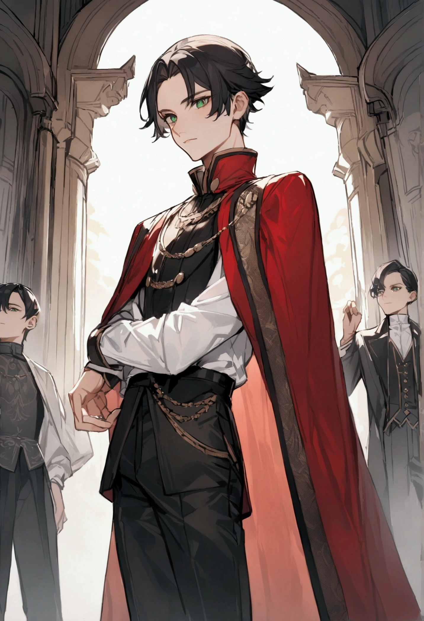 boy, , short stature, thin, black hair, green eyes, White shirt, a red cloak with a high collar, black pants, an aristocrat 