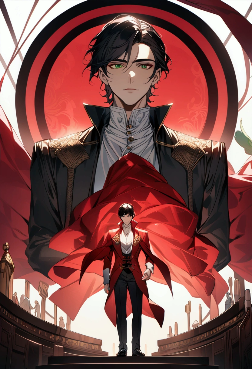 boy, , short stature, thin, black hair, green eyes, White shirt, a red cloak with a high collar, black pants, an aristocrat