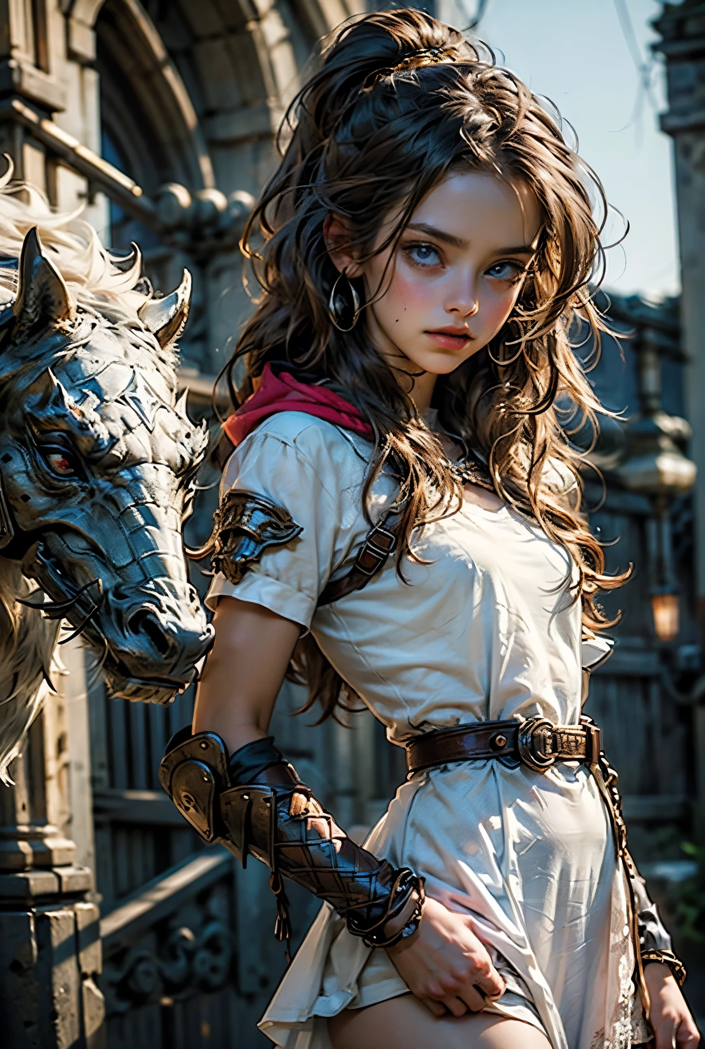 (((masterpiece, of the highest quality, super detailed))), (a witch belonging to an occult order of knights), (a knight crossed with a witch), extremely detailed cute anime face, intricate eyes,beautiful detailed eyes,symmetrical eyes,(((detailed face))),beautiful detailed lips, (((dark hair, long ponytail, thick ponytail, heavy ponytail))), (((Very sharp focused eyes))), ((small breasts)), very long eyelashes, occult aesthetic, (resolved expression), resolute expression), Victorian era inspired, ((minimal but intricate beautiful armour)), (Fluttering lace flared dress with frilly petticoats), ((Bloodbourne inspired)), (red and white clothing detailed and intricate steampunk and detailed gothic), (with a hood), thigh high flared lace stockings, complex lace boots,