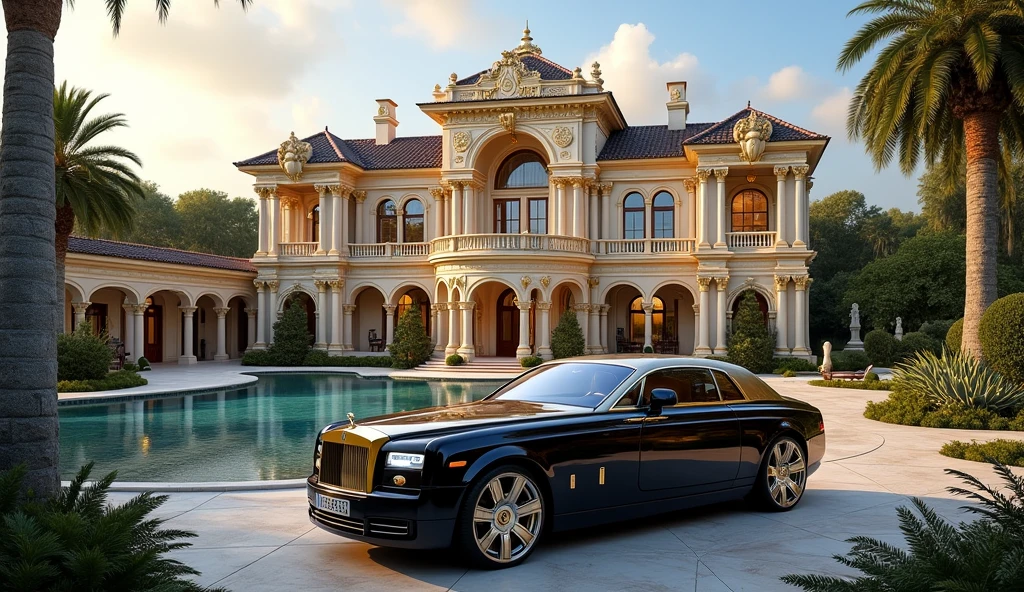 luxury mansion with a luxury car parked in front of it, behind river, luxury pool, luxury lifestyle, luxurious environment, luxury architecture, rich, huge mansion, rich style, luxury and elite, extremely opulent, luxurious, hyper luxurious, majestic masterpiece, wealthy, luxury, stunning grand architecture, exquisite masterpiece, flaunting his wealth, inside a grand, architectural masterpiece