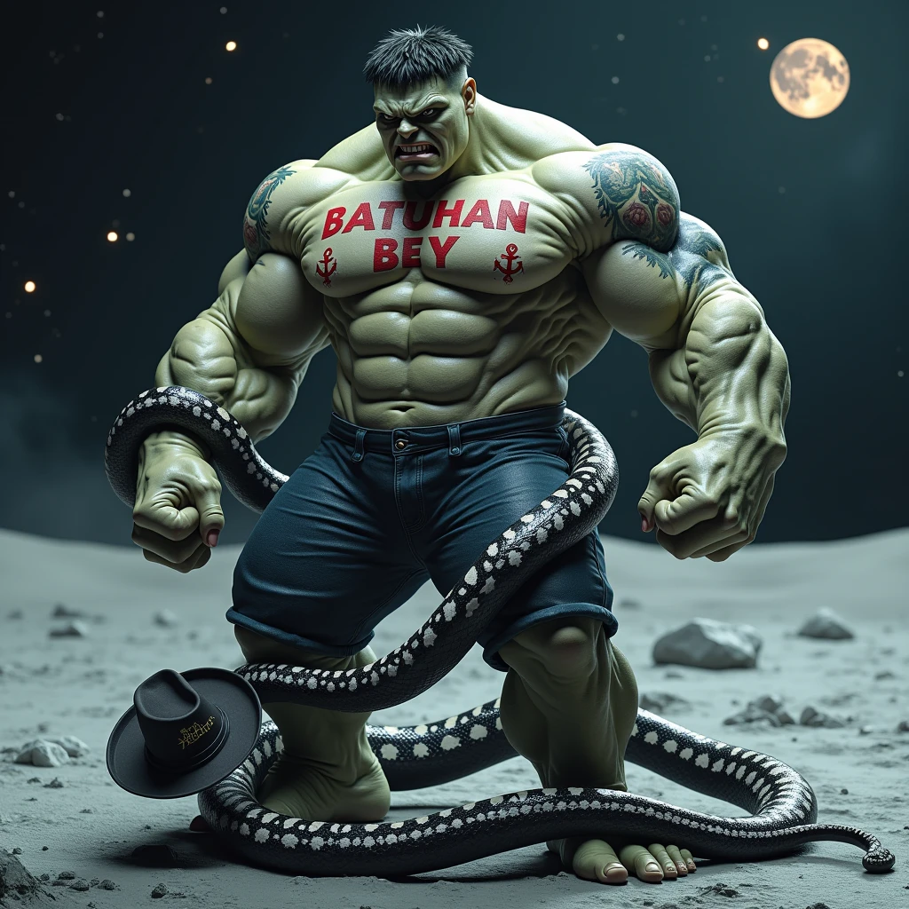 A terrifyingly screaming Hulk tearing off his t-shirt. Hulk should have a tattoo on his chest that says 'BATUHAN BEY,' with red anchor tattoos on his arms and also a snake tattoo. Hulk's skin color should be white. I want a giant python wrapping around Hulk, with the python's color being black and its pattern white. The python should have a cowboy hat with an Arabic inscription meaning 'to meet Allah,' and its tail should be a machine gun. The background should be a view of Earth from space, with Hulk standing on the Moon. I want a very realistic photo in 4K quality.