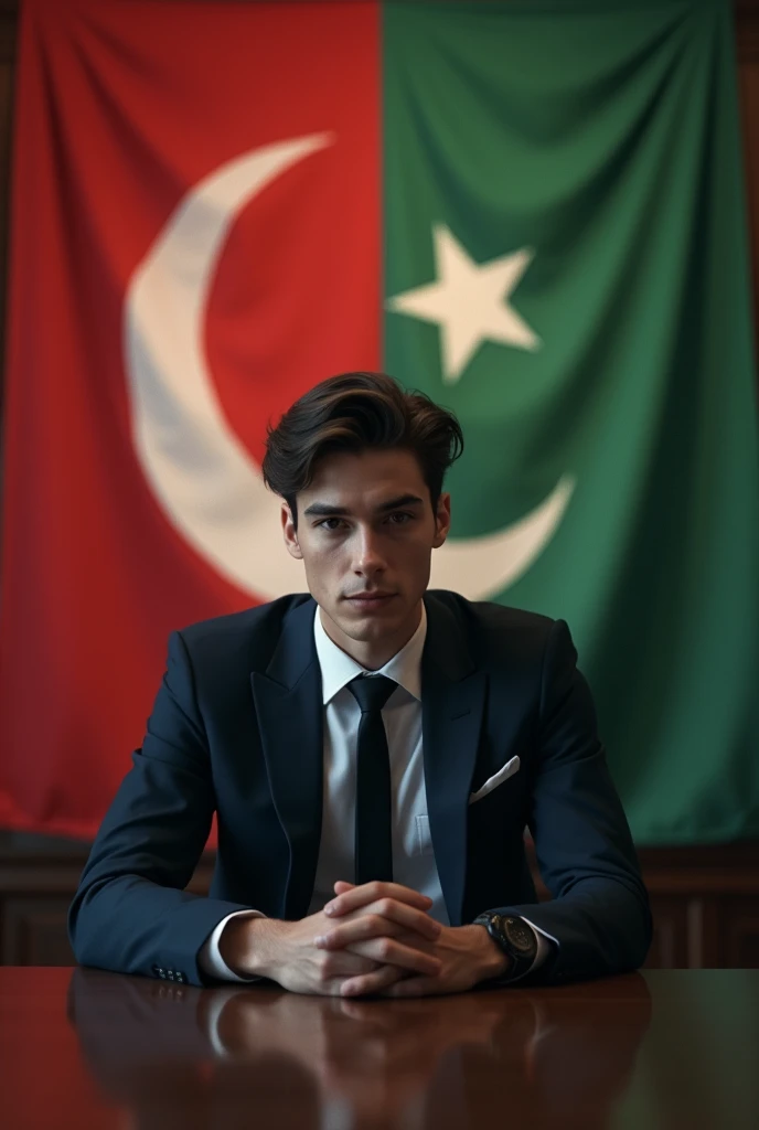 a picture of 20 year old boy setting on chair and table in suit and there is flag of half red and half green and on other side there is Pakistani flag in his background