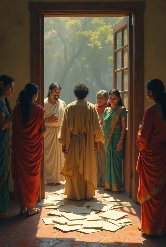 Ramanujan (at the age of 32), frail and weak, returning home to India, greeted by his family, yet still surrounded by mathematical papers.