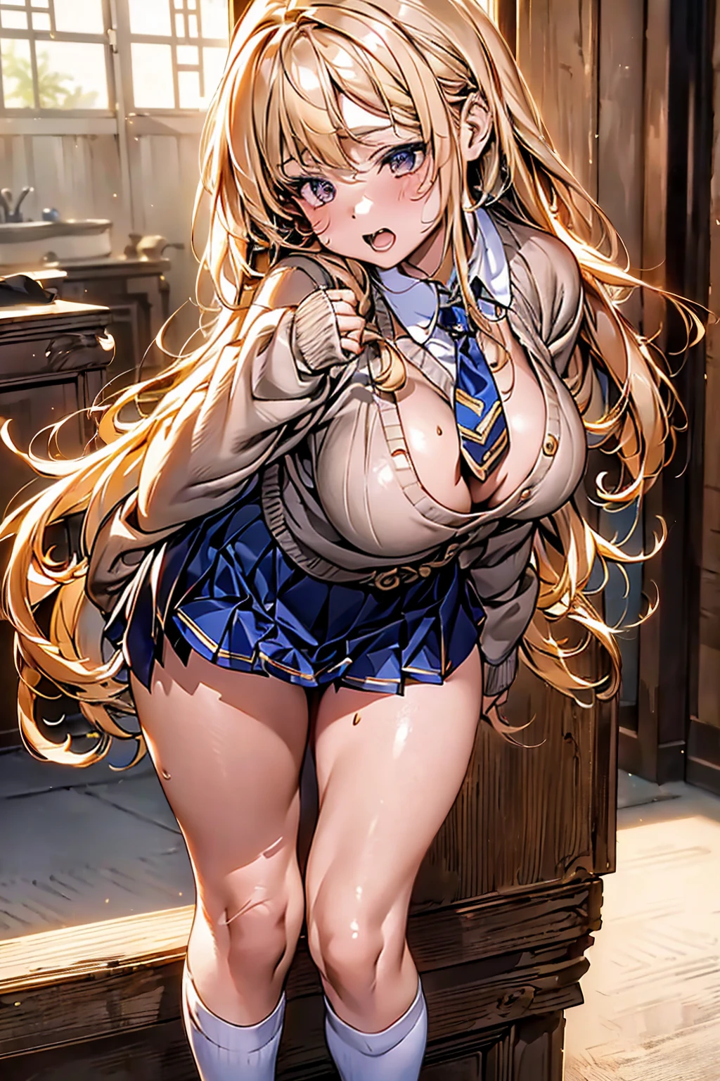 Browsing Caution,(Highest quality, 8k, masterpiece:1.3,beautiful girl), (Very detailed)Glowing Skin,(((Long Hair,blonde,Beautiful Hair))),(Perfect Anatomy, Anatomically correct, Very detailed肌),((Golden Eyes)),((Perfect Fingers,Five Fingers)),((Light blue collared shirt, Navy pleated mini skirt, socks, Navy tie, Light brown cardigan, White knee socks)),Pink Panties, Knee-high socks,Knee-high socks on both feet,Double teeth,Big Breasts,Big Ass,She is worried..、((Brow wrinkles)),Fold your arms in front of your chest、Troubled face