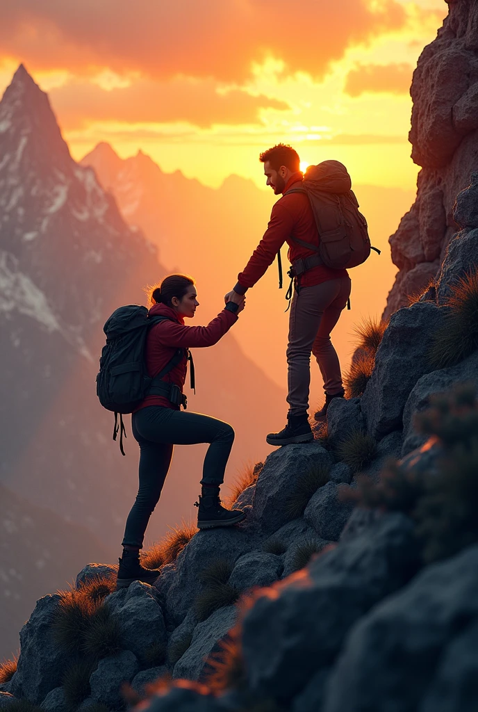 A woman helping a man climb the mountain at sunset
