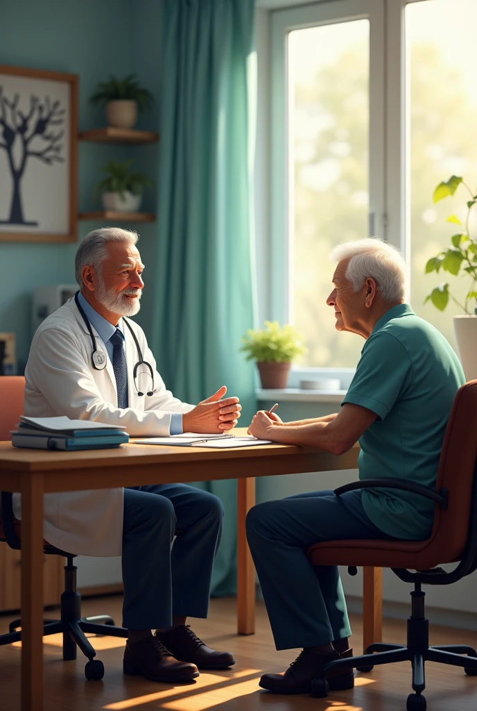 I am a doctor sitting and an elderly patient is sitting in front of me.