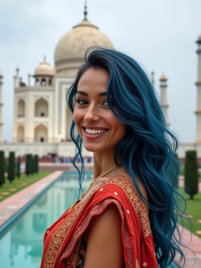 Smiling Beautiful biracial latina woman, long wavy blue hair , blue eyes, large breast, look back in front of Taj Mahal in India, wear India clothes, Résolution Haute, 