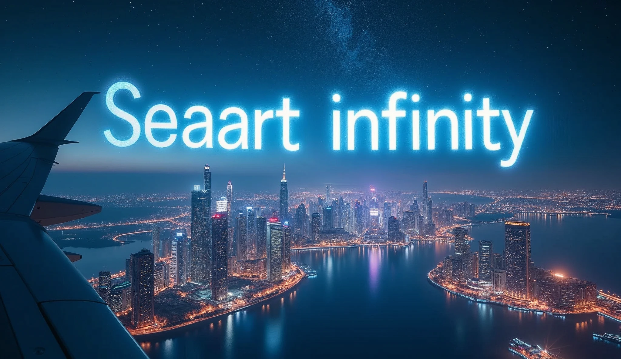 Landscape Photography,Taken from an airplane window,(Holographically from a skyscraper in a futuristic city"The word Seaart infinity is projected into the night sky 2:0),(masterpiece:1.2,Highest quality,Ultra-high resolution,Very detailed,8k,Realistic,Best aesthetics),beautiful,(dynamic)