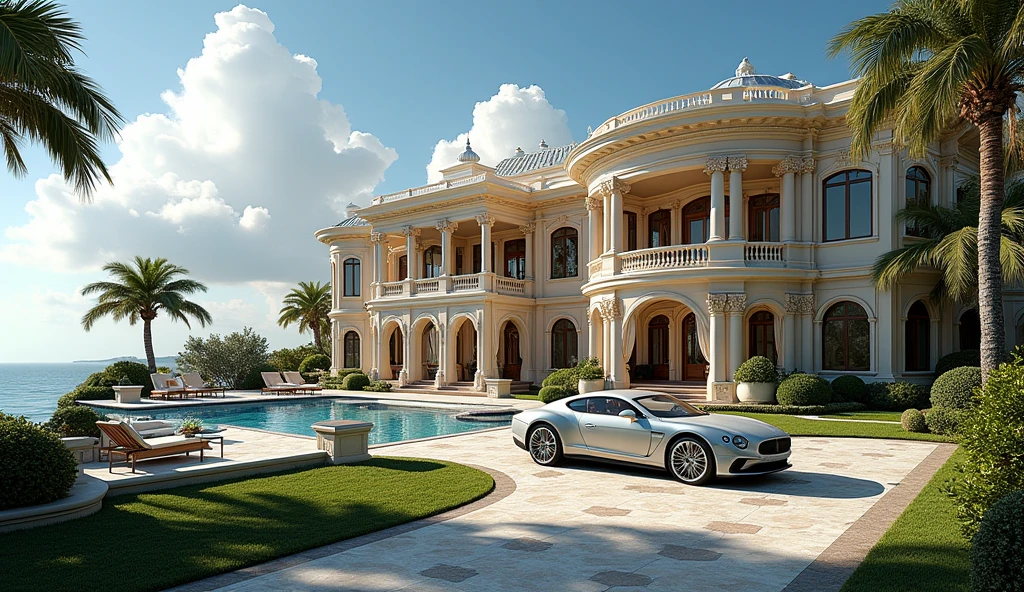 luxury mansion with a luxury car parked in front of it, seaside, luxury pool, luxury lifestyle, luxurious environment, luxury architecture, rich, huge mansion, rich style, luxury and elite, extremely opulent, luxurious, hyper luxurious, majestic masterpiece, wealthy, luxury, stunning grand architecture, exquisite masterpiece, flaunting his wealth, inside a grand, architectural masterpiece