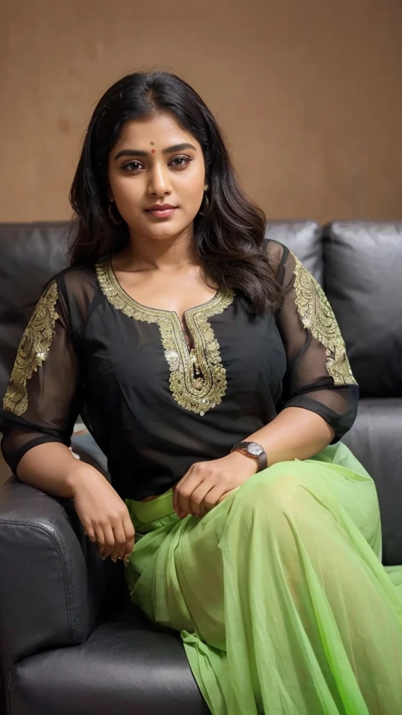 South Indian women, wearing light green colour chiffon transparent shiny skirt and black chiffon shirt