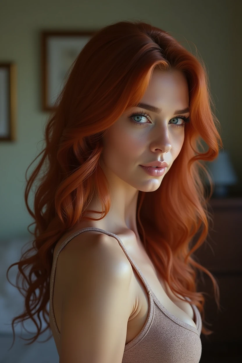 MILF femme cheveu rouge de 30 ans photographiée par derrière  détendue dans la chambre, (elle  regarde pas  caméra), blue eye, ( Longhaire), realistic and Detailed face, lovely woman, , Detailed face, head of&#39;artwork, style trentenaire, Beautiful, ultra-detailed and realistic 8k model, Longhaire, hourglass body, Athletic body, Elle porte des bas en cuire  et un body en latex, sexly, Photorealistic