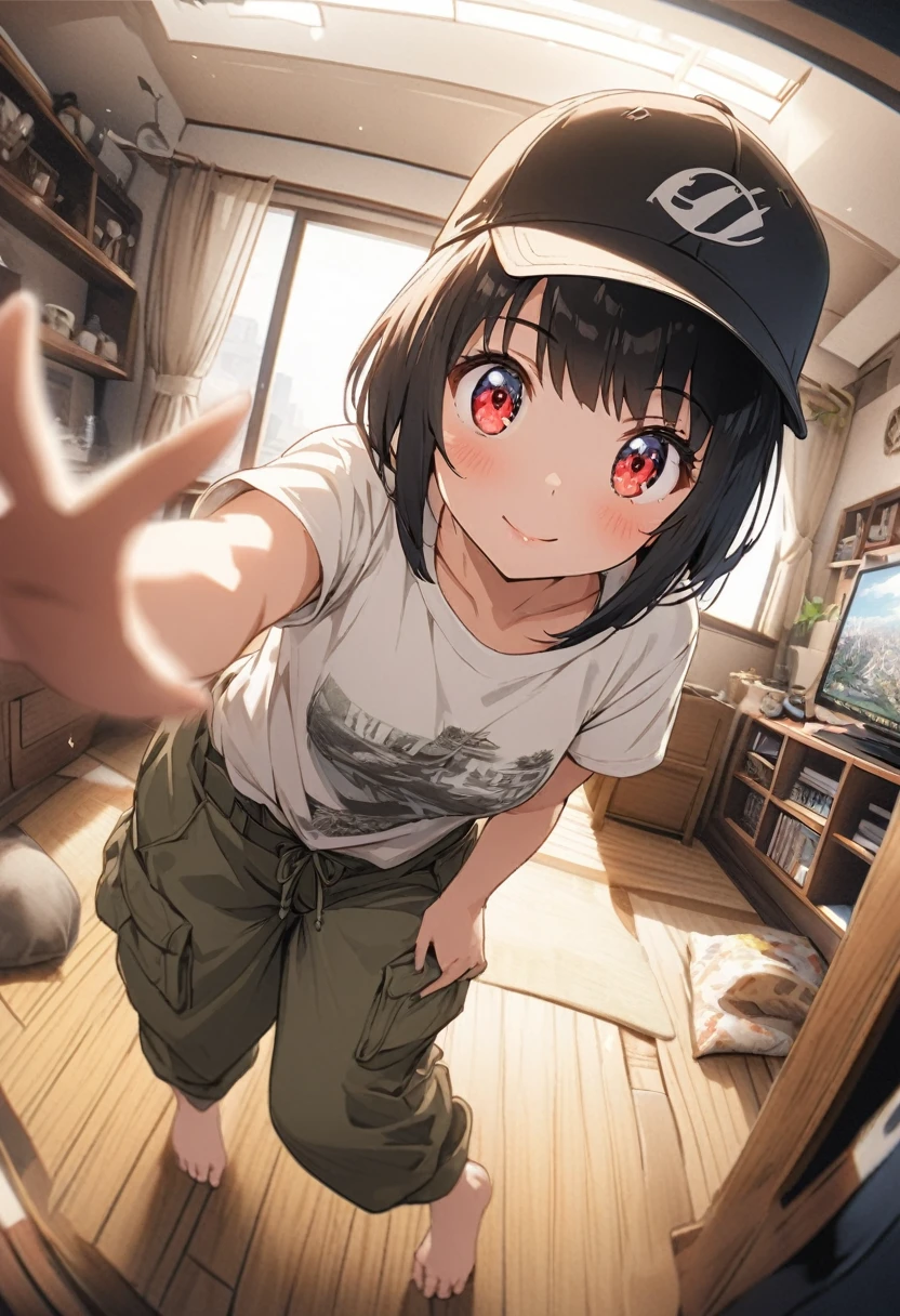 Micro-photography。A cute girl with white short bob hair and red eyes。Cute in Japanese anime illustration style。She is wearing an oversized yellow short-sleeved t-shirt。She is wearing sarouel cargo pants。She is barefoot。She is wearing a baseball cap。Photorealistic background of a single person living in a room。Fisheye Lens。Ultra-high definition depiction。Dynamic Perspective。She is posing touching her hat。