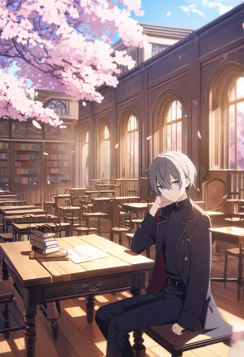 masterpiece,best quality,depth of field,8k,Looking at the viewer,Black single coat,Chocolate Brown Mock Neck,Black slacks,Chelsea Boots,dark gray hair,wseifuku,Blue Eyes,있는dark gray hair,Blue Eyes,sunny,alone,expressionless,library,Cherry Blossom,sunny,male,man,sitting,table